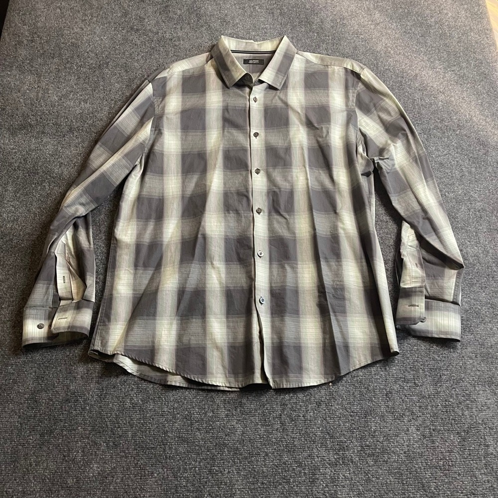 Alfani Mens XL Regular Fit Plaid Button Down Shirt Grey Green Long Sleeve Cotton